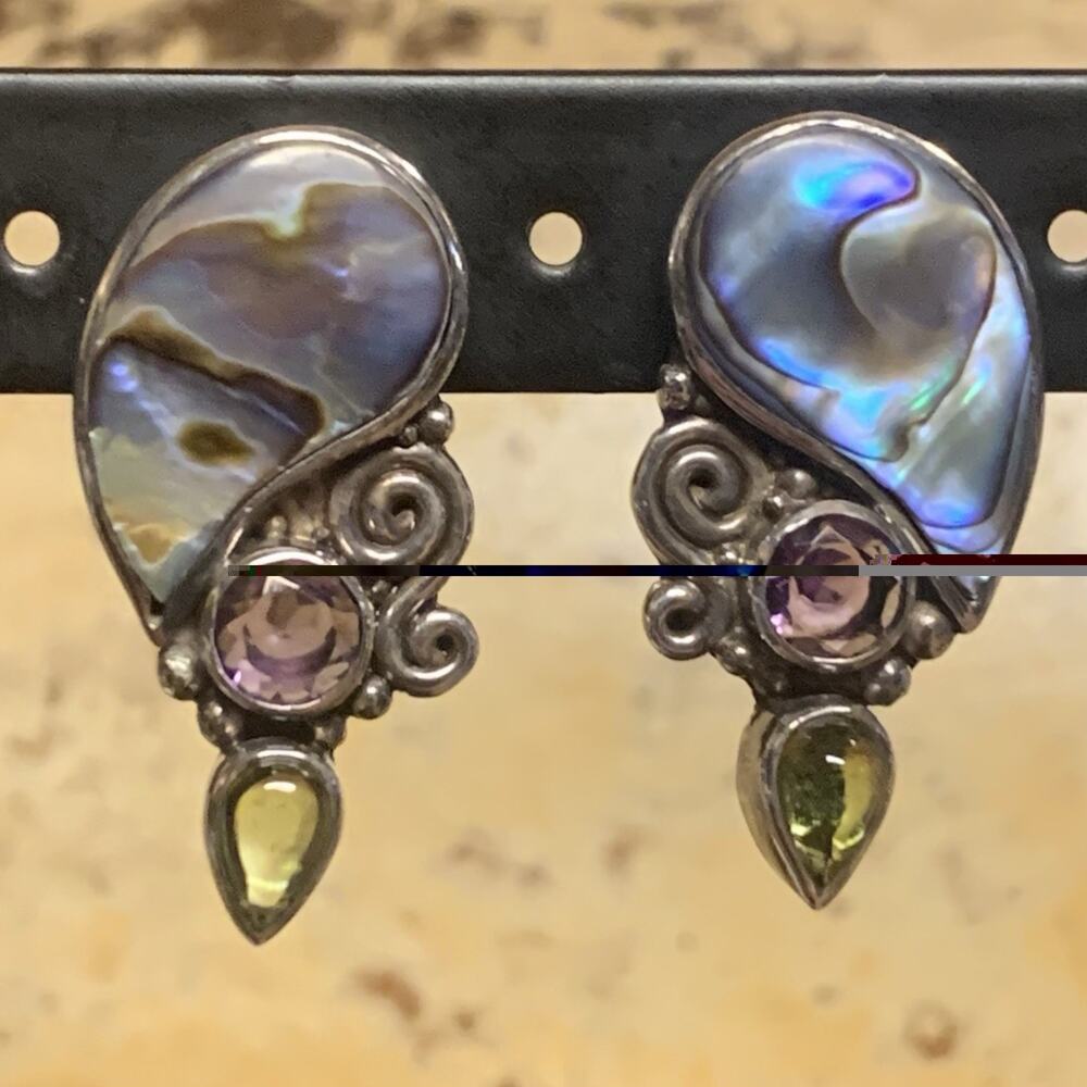 Sajen Earrings Sterling Silver, Abalone, Amethyst and Peridot w/ Swirls